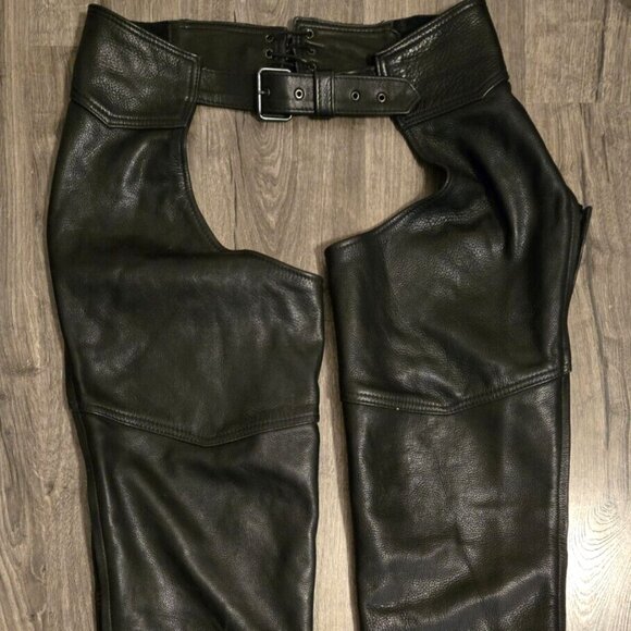 U.S. Made Co Black Leather Chaps Motorcycle Adjustable Waist Size XL Side Zip - Picture 1 of 7
